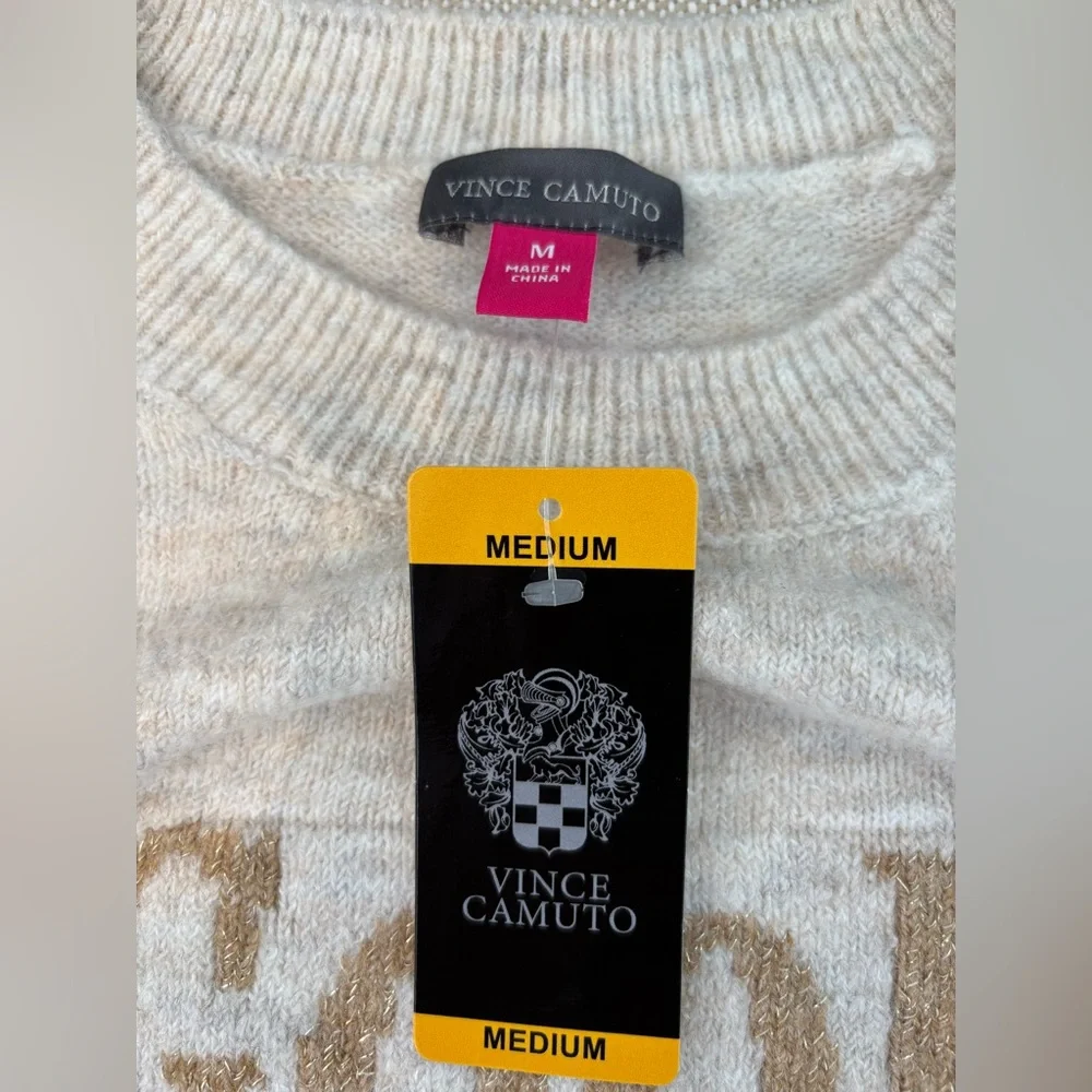 Vince Camuto ‘Good Witch’ NWT L/S Sweater Graphic Metallic Letters Heather Beige